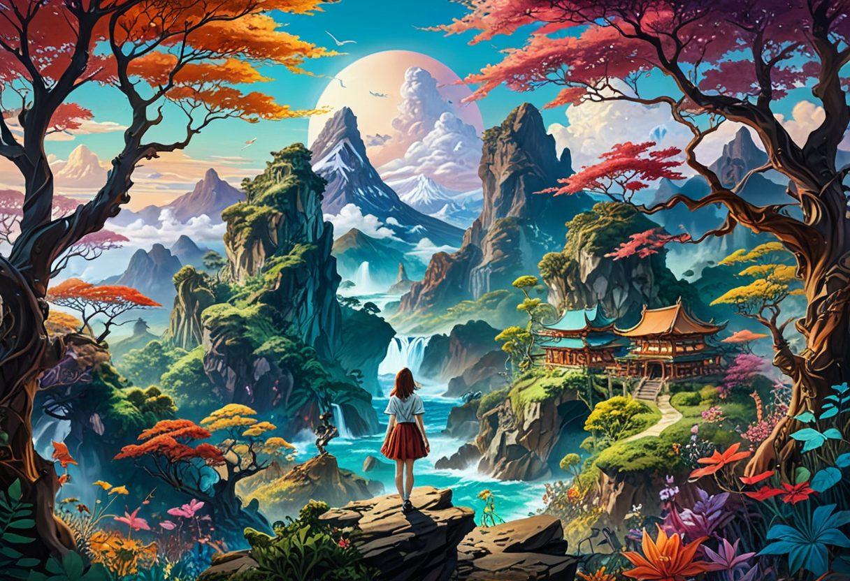 A vibrant collage showcasing fantastical elements intertwined with artistic representations of hentai, featuring ethereal landscapes, whimsical characters, and intricate artwork that blurs the line between reality and imagination. The foreground should have subtle hints of allure and playfulness, while the background displays a dreamy realm filled with vibrant colors and surreal textures. The overall composition should invite curiosity and encapsulate the essence of fantasy in art. super-realistic. vibrant colors. intricate details.